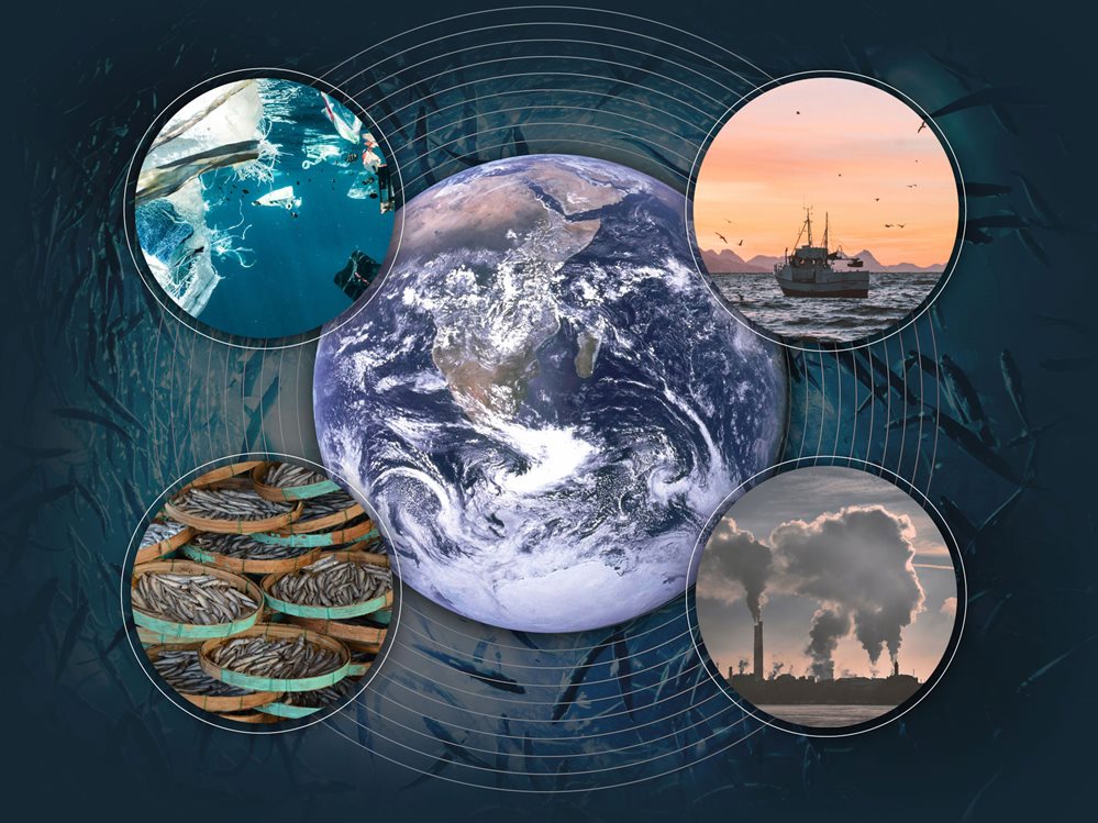 Montage of images showing planet earth with small pictures surrounding it; of a fishing boat, factory, fish in a market and marine litter